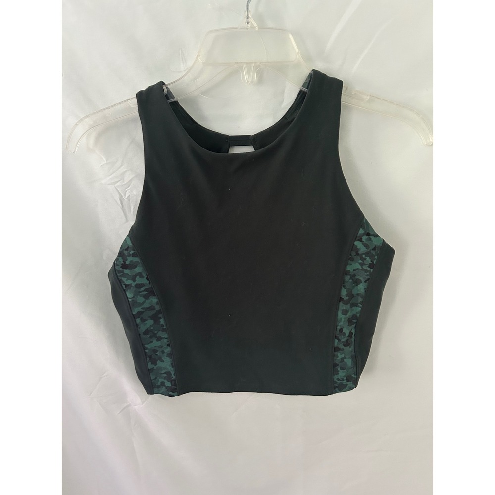 Athleta Black Green Camo High Neck Open Back Crop Top Built-in Bra Medium